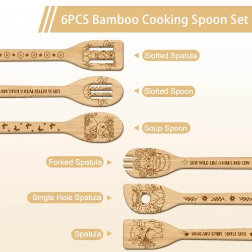 GLOBLELAND 6 Pcs Cartoon Highland Cattle Wooden Spoons Utensil Set Flowers Animals Bamboo Carving Kitchen Cooking Utensils Wooden Engraved Cooking Spatula Sets for Kitchen Fun House Warming Gift - color: Highland Cattle