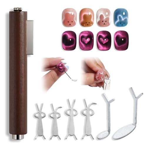 3 in 1 Cat Eye Nail Magnet Tool Set, Wooden Handle Cat Eye Gel Nail Polish Magnet Pen with 4 PCS Rabbit Shape Nails Magnetic 2 PCS Y Shape Clippers Heart Magnetic, Nails Art DIY Tool at Home - color: 7pcs