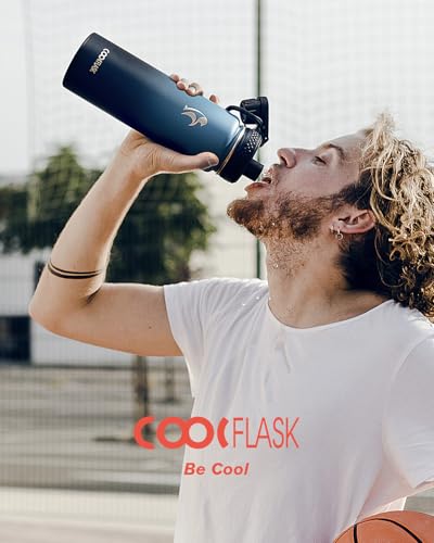 Coolflask 24 oz Insulated Water Bottle with Straw & 3 Leakproof Lids | Water Flask Stainless Steel Triple-Wall Vacuum, Cupholder Friendly, Cold 48+h, Dishwasher Safe, Non-BPA, for Gym & Hiking - color: Samurai Cyan, size: 24 Ounces