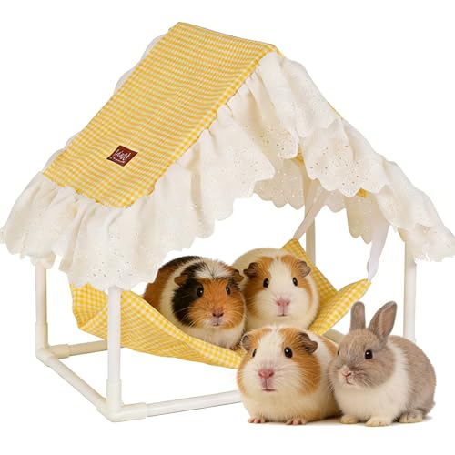 Guinea Pigs Hammock with Curtain Guinea Pig Hideout Washable(Yellow) | Machine Washable Guinea Pig Tent Hideout Breathable Bunny hammock rabbit hide for Dwarf Rabbit,Guinea Pig cage Accessories