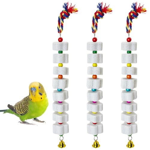 3 Pack Parrot Chewing Toys,Lava Calcium Bird Beak Grinding Stone with Bell Hanging Parakeet Cage Accessories for Parrot Budgies Hamster Chinchilla Rabbit African Grey - color: White