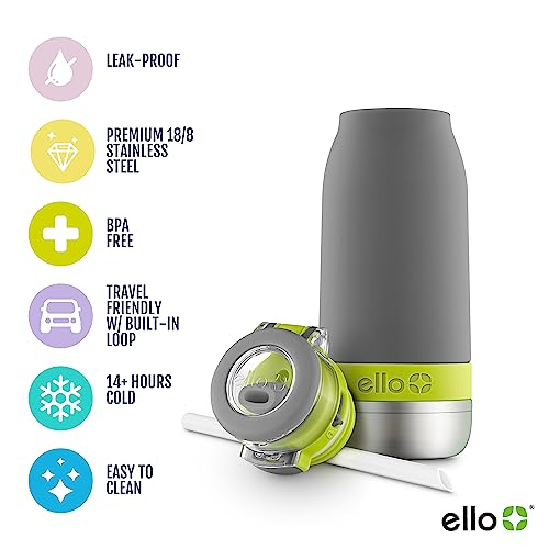 Ello Emma 14oz Vacuum Insulated Stainless Steel Kids Water Bottle with Straw and Built-in Carrying Handle and Leak-Proof Locking Lid for School Backpack, Lunchbox and Outdoor Sports, Gray | Insulated stainless steel kids water bottle with straw, leakproof