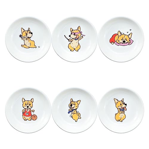 Super Cute Cartoon Animal Pattern Ceramic Sauce/Seasoning/Sushi Soy Dipping Bowl/Appetizer Plates/Serving Dish for Kitchen Home (Set of 6) - Corgi - color: Sporting Corgi