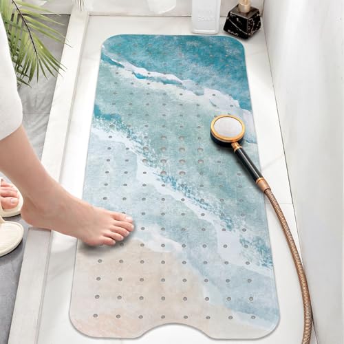 Beach Bathtub Mat Non Slip, Baby Bath Mat for Tub Rubber Tub Mat, Kids Bath Mats for Bathroom Ocean Waves Anti Slip Shower Mat with Suction and Drain Holes Machine Washable, 40″X16″ - color: C03, size: 40" x 16" (Rectangular)