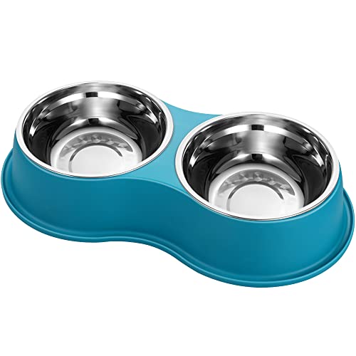 Epetslove Stainless Steel Dog Bowls Double Non-Slip Dog Water and Food Bowl | Pet Feeder Bowls, Dog Dishes, Raised Feeding Design, Double Bowls Set, For Puppies, Medium Dogs and Cats, Outdoor / Indoor - color: 7.Lake Blue, size: Medium-18oz