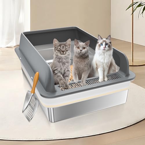 XXXL Stainless Steel Sifting Litter Box with Lid, 28'' L × 20'' W Extra Large Sifting Cat Litter Box for Pine Pellets & Big Cats & Multiple Cats, Metal Pellet Sifter Litter Pan System for Odor Control - size: XXXL:28''x20''x10''