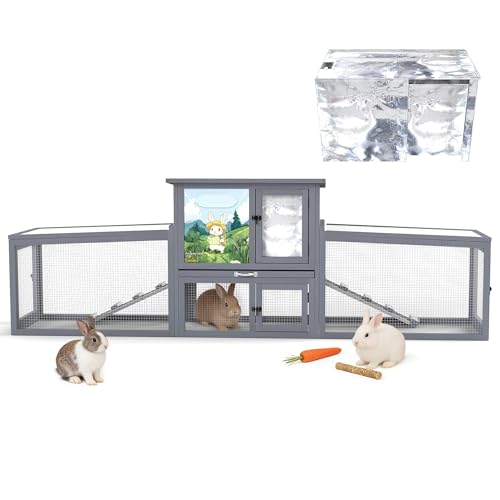 COZIWOW Large Wooden Rabbit Hutch Outdoor Indoor Bunny Cage, 2-Level Small Animal House Enclosure with All-Covered Sloped Roof (Grey with Warm) - color: Grey
