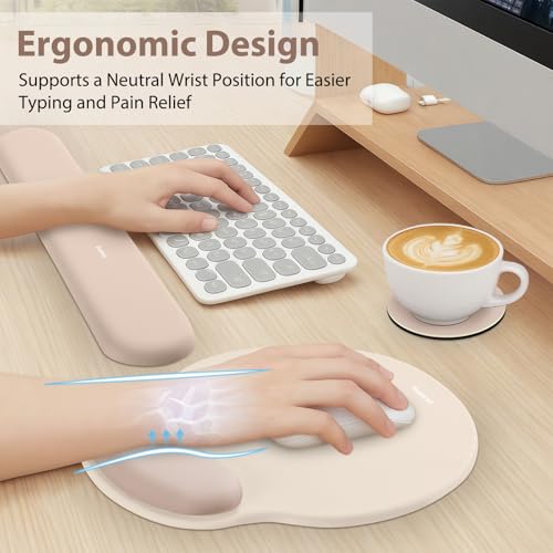 Mouse Pad and Keyboard Wrist Rest, 3-in-1 Gel Memory Foam Ergonomic Mouse Pad with Wrist Rest Set, Gaming Mousepad Arm Cushion Support for Computer Office Desk Accessories Cute Setup,Apricot - color: Apricot