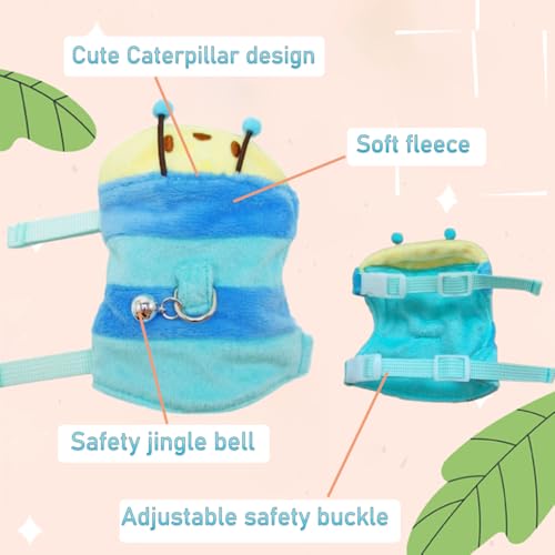 Adjustable Caterpillar Premium Plush Harness&Leaf Set – Soft Restriction-Free Vest for Ferrets,Guinea Pigs, Lizards, Rabbits,Squirrel, Kittens,Teacup Chihuahuas, Puppies|Safety Bell(Caterpillar-Blue) - color: Caterpillar-Blue