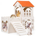Large Rabbit House, Wooden Bunny Castle with 3 Houses Indoor, Rabbit Guinea Pig Cage Multistory Climbing Tower Sturdy Wooden Castle, Small Animal Hideaway Tunnel, Orange - size: 3 Houses-Orange