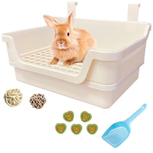 Extra Large Rabbit Litter Box with Splash Guard & Removable Tray - Double Layer Small Animal Cage Toilet for Guinea Pigs, Chinchillas, Ferrets - Chew-Proof Plastic + 2 Hooks (15.7" Jumbo, Beige) - color: Beige（With the ball）
