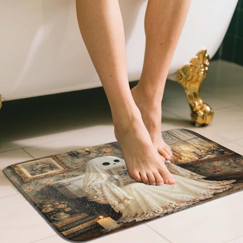 JAWO Funny Halloween Bath Mat, Gothic Ghost Sitting on Toilet Reading Newspaper Print, Vintage Spooky Non-Slip Absorbent Floor Mat for Bathroom Party Decor 16X24 - color: Beige1, size: 16.00" X 24.00"
