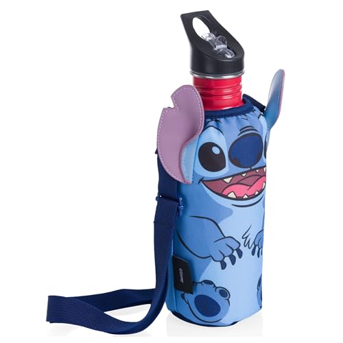 Picnic TIME Disney Shorts Bottle Cooler Tote, Insulated Water Bottle Holder with Adjustable Shoulder Strap for Travel Picnic Theme Parks, Fits 20 to 26 oz Bottles - color: Disney Lilo & Stitch - Blue