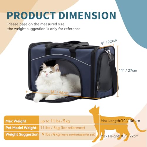 ‌Petsfit Airline Approved Pet Carrier for Small Cats, 15x8x10 TSA Approved Carrier, with Removable Dual-Sided Padding (2-Way Placement) - Fits Under Most Airplane Seats, Escape Proof (Navy) - color: Navy, size: 16.5"L x 8.6"W x 11.0"H