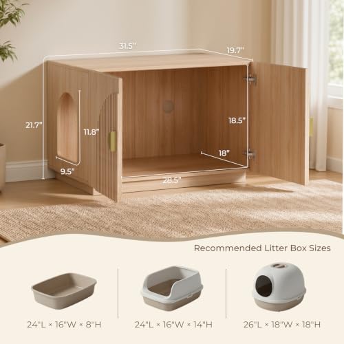 Amunrbrek Cat Litter Box Enclosure Furniture, 31.5" Arched Fluted Cabinet - color: Natural