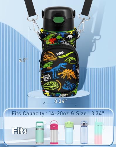 Water Bottle Carrier with Strap for Kids, 14-20 oz | Insulated, Neoprene Water Bottle Holder Bag with Pocket, Cute Cartoon, Bottle Bag for boys and girls, Walking Hiking Camping - color: Dinosaur Bone