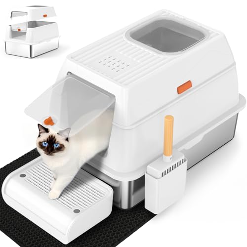 SZEE XL Stainless Steel Litter Box with Lid, Extra Large Metal Covered Litter Box, Stainless Box Easy Clean, Activated Charcoal Odor Control Design, Includes Litter Scoop & Mat & Step, White - color: White