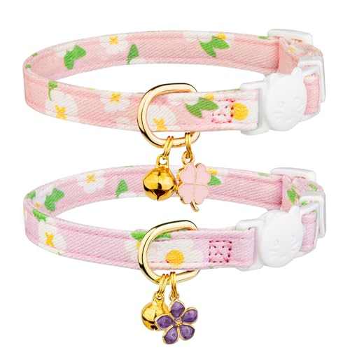 2 Pack Cotton Cat Collar Purple and Pink Flowers Cute Kitten Cat Collar | Breakaway Breathable Soft material With cute pendants with Bell - color: Purple&Pink