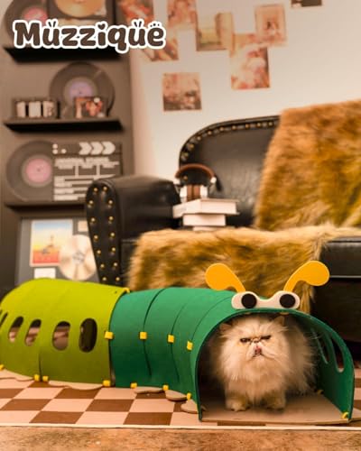 Felt Cat Tunnel, Connectable Large Cute Rabbit Tunnel Bed, with Hair Brush | Indoor Modular S Caterpillar Shape Kitten Cave, Interactive Hole Toy, Hideaway Bunny Furniture, Peekaboo Green Entertainment