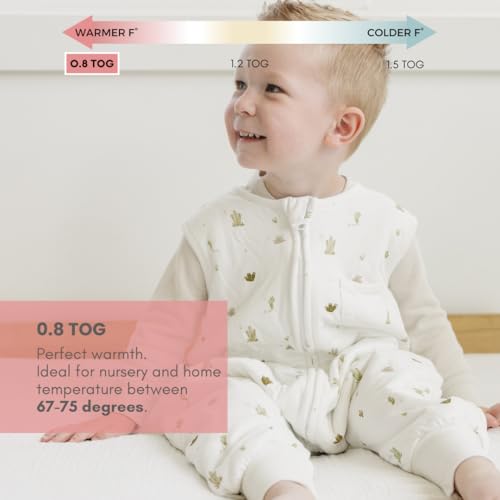 Dreamsuit Walker Toddler Sleep Sack with Feet and Legs, 2T-3T | 70% Rayon Made from Bamboo, 30% Organic Cotton, 0.8 TOG Summer, 2-Way Zipper, Buttery Soft Wearable Blanket, Cactus - color: (0.8 Tog) Cactus, size: 2-3T