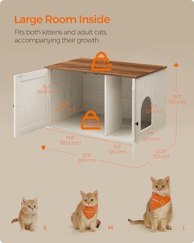 Feandrea Cat Litter Box Enclosure, Litter Box Furniture Hidden with Removable Divider, Indoor Cat House, End Table, 31.5 x 20.9 x 19.7 Inches, Honey Brown and Rustic White UPCL002P01 - color: Honey Brown + Rustic White, size: L (31.5"L x 20.9"W x 19.7"H)