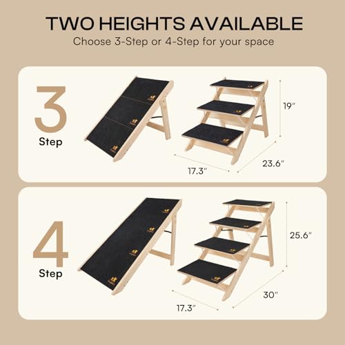Luciphia Wooden 2-in-1 Dog Stairs, 4-Step Foldable Anti-Slip Pet Steps | For beds, cars, and couch, supports up to 220lbs, ideal for small, aged, and injured dogs and cats, indoor and outdoor use