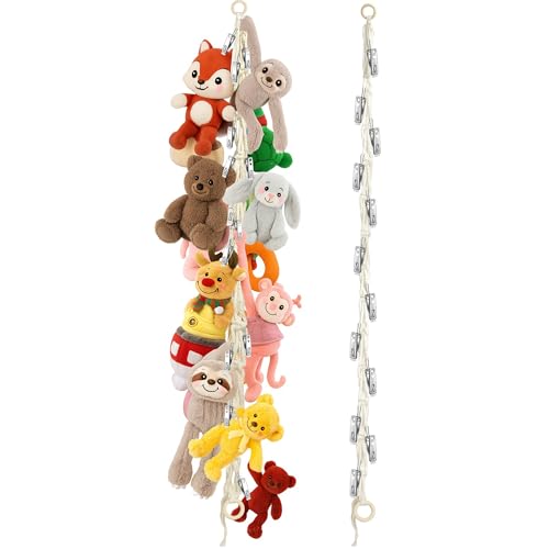 Stuffed Animal Storage Hammock Corner Hanging Stuffed Animal Holder | Boho Stuffed Animal Organizer Chain with 20 PCS Metal Clips for Hanging Hats Socks Holiday Cards - color: 1pc Beige