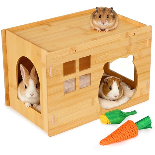 Bamboo Small Animal Hideout, Ventilated Guinea Pig House with Multiple Doors and Window for Hamster, Chinchilla, Hedgehog, Bunny - color: Yellow