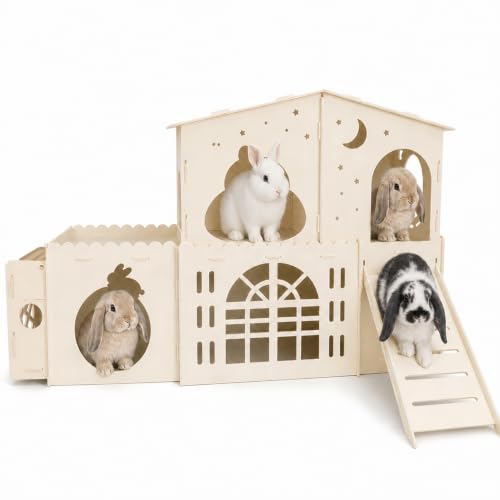 Wooden Bunny Castle, 2-Story Rabbit House and Rabbit Hideout | with Slide, 5-Room Bunny House Indoor for Guinea Pigs, Chinchillas and Small Animals