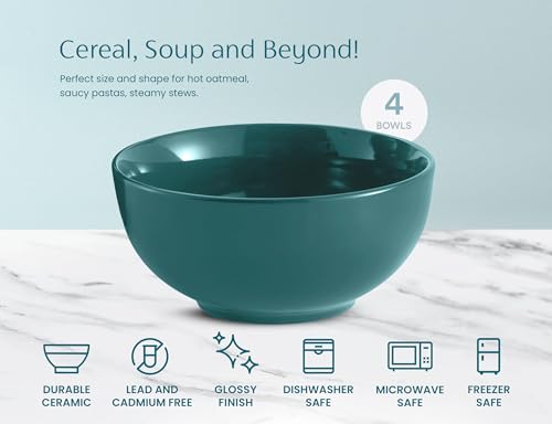 KooK Soup Bowls, Cereal Bowl, Ceramic, Bowls for Kitchen, Microwave, Dishwasher and Freezer Safe, Porcelain Dishes for Pasta, Salad, Oatmeal, Deep Interior, 20 oz, Set of 6, (Teal) - color: Teal, 6 Pack