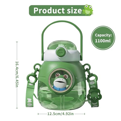 Water Bottle with Straw 37oz Kawaii Water Bottles with Adjustable Strap for Women,Teen Girl School Office Gifts,Cute Animal Theme Water Bottles (Pop Frog, 37oz) - color: Pop Frog