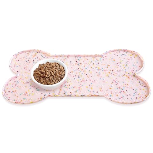 PWTAA Dog Food Mat Anti-Slip Silicone Dog Bowl Mat Thicker Pet Placemat Waterproof Cat Feeder Pad with Raised Edge Puppy Kitten Feeding Mats Suitable Small Medium-Sized Dogs Cats Eating Tray - color: Donut Pink, size: 19.4" x 9.8"
