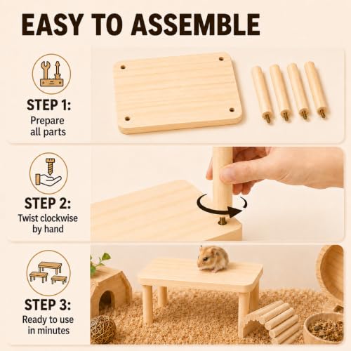 3-Piece Wooden Hamster Platforms – Large, Medium & Small Play Stands for Dwarf, Gerbils, Mice, Degus, Squirrels & Other Small Pets – Cage Accessories for Climbing, Chewing, Hiding & Exploring