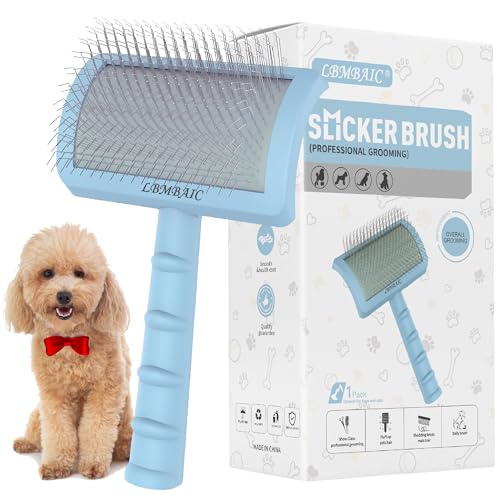 Slicker Dog Brush for Poodles,Doodle Brush,Fluff Shedding Fast. | Long Soft Gentle Pin,Curved Slicker Brush,Grooming Thick Long Curly Haired Dogs Cats,Fluffy Deshedding Reduce Tangles.25mm - color: blue