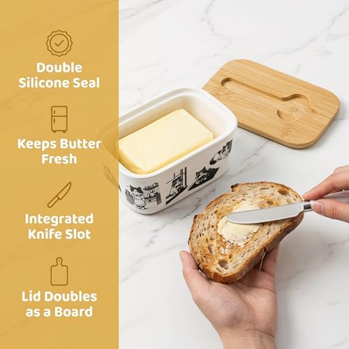Cute Cat Kitten Print Ceramic Butter Dish with Bamboo Lid & Butter Knife, Covered Butter Container, Butter Keeper Fits Standard Western Butter Stick for Kitchen Countertop Fridge Storage - color: funny cat