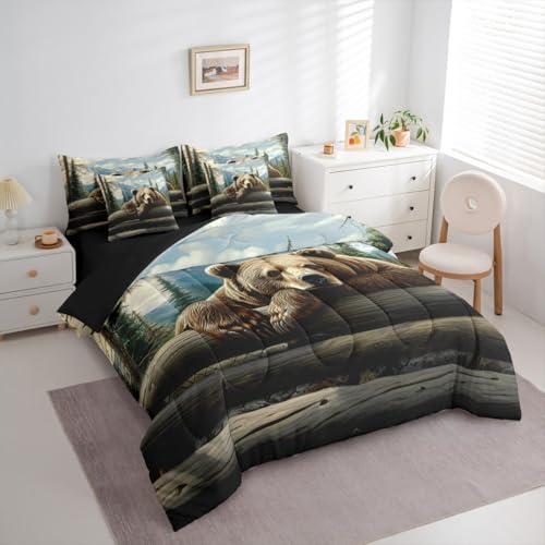 Erosebridal Nature Forest Bear 7 Piece Comforter Set Twin Size Wild Animals Forest Bedding Set for Child Boys Girls | Rustic Cabin Woodland Brown Bear Sheets Mountain Hunting Wildlife Duvet Insert - color: Brown Green Blue, size: Twin