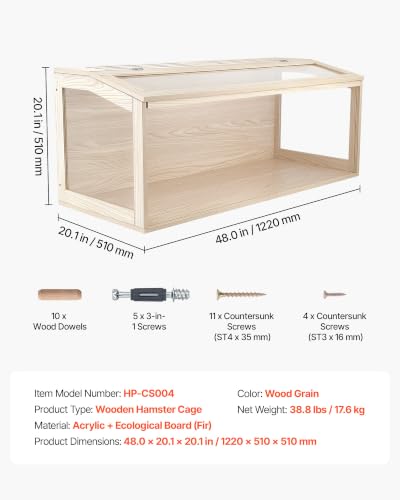 VEVOR Wooden Hamster Cage 48"x20.1"x20.1" 270° Viewing Hamster Habitat, Chewproof Acrylic Small Animal Cage with Openable Top, Large Pet Enclosure for Syrian/Dwarf Hamsters, Guinea Pigs & Gerbils - size: 48.0"L x 20.1"W x 20.1"H