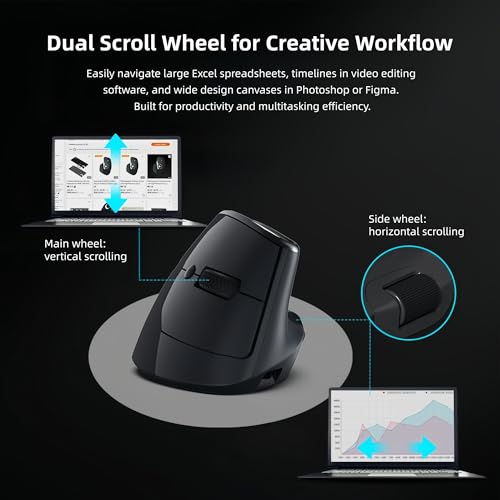 Ergonomic Vertical Mouse, Dual Scroll, Tri-Mode, OLED Display | 60° ergonomic vertical mouse with dual scroll wheels, tri-mode Bluetooth/2.4G/wired connectivity, OLED display, and 8000 DPI. - color: Black