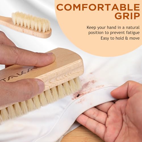 TAKAVU Laundry Brush Set, Soft Boar Bristle and Compact Wood Handle | Gentle on Delicate Fabrics, Stain Scrub Brush for Clothes, Delicate Knits, Washable Spot & Garment Care Cleaner - color: White Boar