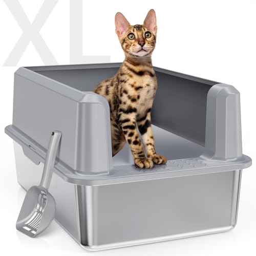 WoofiGo Enclosed Stainless Steel Cat Litter Box with Lid, XL Extra Large Litter Box for Big Cats, Metal Litter Pan High Sided, Never Absorbs Odors, Anti-Urine Leakage, Include Scoop (SH-Light Gray) - color: SH-Light Gray