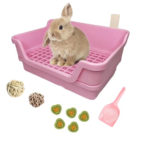 PINVNBY Large Rabbit Litter Box Deep Bunny Corner Toilet Box Double-Deck Small Animal Potty Trainer with Hooks for Adult Guinea Pig Chinchilla Ferret Chipmunk (Pink) - color: Pink（With the ball）