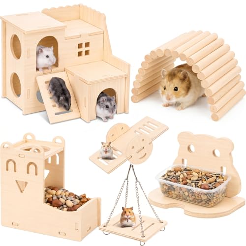 BreezeHug 6 Pcs Hamster Wooden Hideouts Hamster Houses Feeder and Waterer Chinchillas Chew Cage Accessories Activity Enrichment for Rats Gerbils Small Animals Habitat - style: Classic