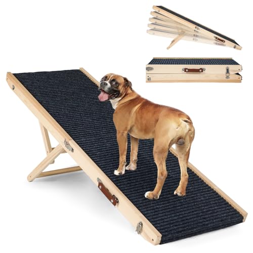 Folding Dog Ramp Safety for Bed, Wooden 5 Adjustable Height Pet Ramps, Potable Dog Steps with Non-Slip Traction Mat, Dog Step, Dogs Stairs for SUV Car, Couch, Safe,Height Bed(47.3 Inch Long) - size: 47.3 Inch Long
