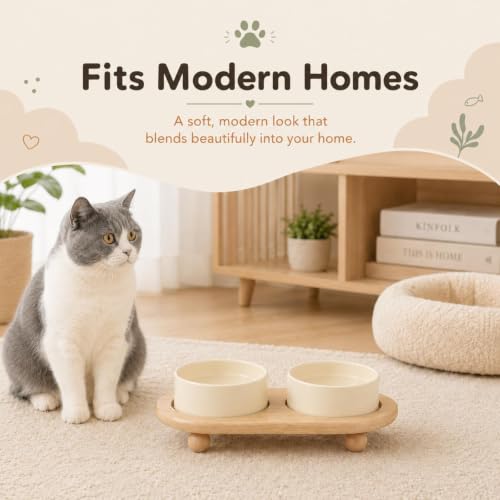 Havniva Raised Cat Bowl 5.1” Elevated Ceramic Cat Food and Water Bowl Set | Cat Bowls Elevated, Whisker Friendly Cat Bowl, Non-Slip Wood Stand, Food-Grade Ceramic, Wide Opening, Dishwasher Safe - color: Light Yellow, size: 5.1inch - 2 Bowls+Stand