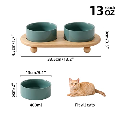 Havniva Raised Cat Bowl 5.1” Elevated Ceramic Cat Food and Water Bowl Set | Cat Bowls Elevated, Whisker Friendly Cat Bowl, Non-Slip Wood Stand, Food-Grade Ceramic, Wide Opening, Dishwasher Safe - color: 2 x Bowl + Stand - Dark Green, size: 5.1inch