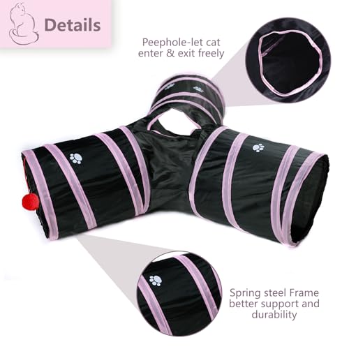 3 Way Cat Tunnel Collapsible Fun Pet Play Tube Toys for Cats, Kittens, Puppies & Rabbits - Portable Tunnel with Hanging Ball for Indoor Play, Hideout & Exercise - color: Pink Black