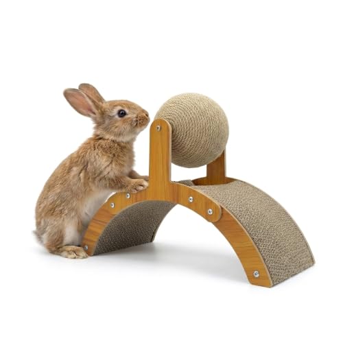 2-in-1 Rabbit Scratching Toy - Natural Sisal Ball & Corrugated Cardboard Pad Bunny Claw Scratcher, Stable Wood Arch Bridge Interactive Toys for Rabbits, Kittens, Ferrets, Chinchillas