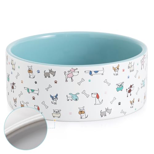 Ceramic Dog Bowls - Large, 64 Fl Oz Heavy Duty, Adorable Dog Patterns (Large, Blue) - color: Blue Patterned, size: Large-8 inch