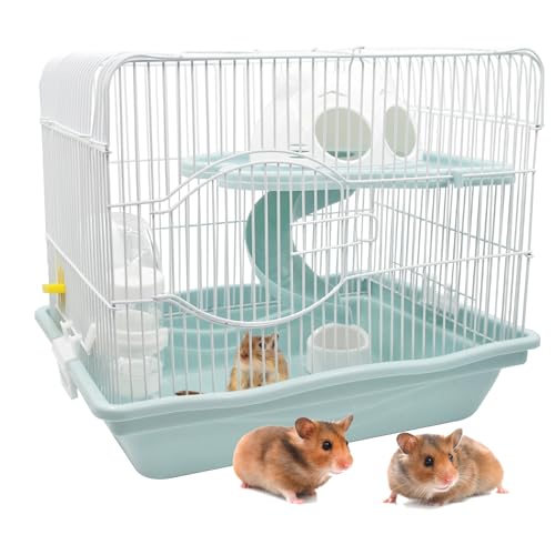 2-Tier Portable Hamster Cage and Habitats,Travel Metal Mouse Cages with Free Water Bottle,Houses and Exercise Wheel for Any Breed of Hamster and Small Animal (14.6x11.0x11.8inch Light Blue) - color: 【Light Blue】