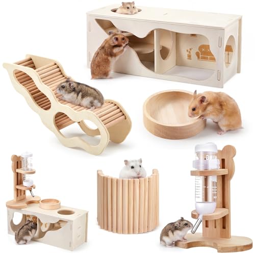 5 Pcs Hamster Cage Accessories, Wood Hamster Play Wooden Platform Water Bottle with Stand Climbing Set for Rat Mice Small Animals Pets Habitats Woodland Decor(Peek House) - style: Peek House